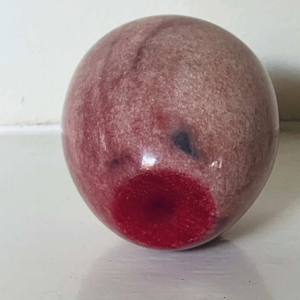 Marble Alabaster Stone Apple Pink With Blue Streaks Brown Stem Paperweight